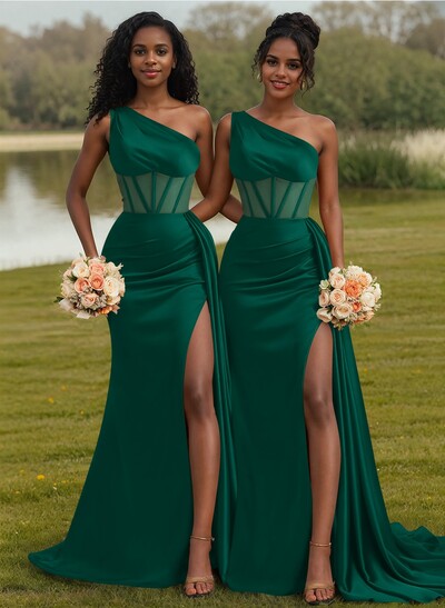 Trumpet/Mermaid One-Shoulder Silk Like Satin Bridesmaid Dresses With High Split