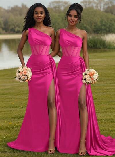 Trumpet/Mermaid One-Shoulder Silk Like Satin Bridesmaid Dresses With High Split
