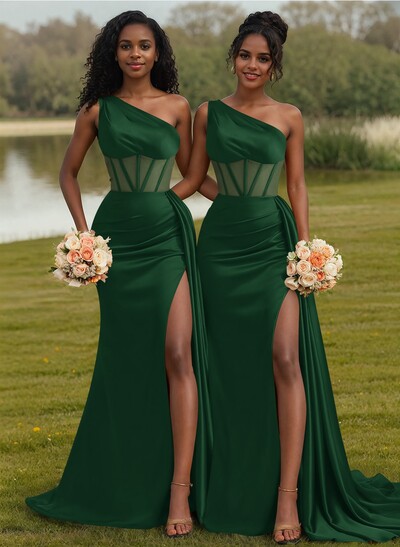 Trumpet/Mermaid One-Shoulder Silk Like Satin Bridesmaid Dresses With High Split