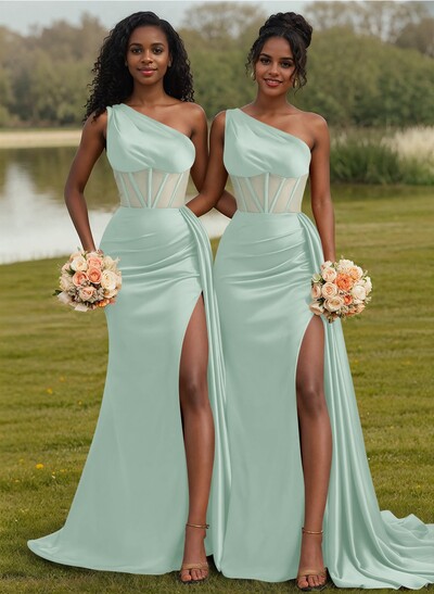 Trumpet/Mermaid One-Shoulder Silk Like Satin Bridesmaid Dresses With High Split