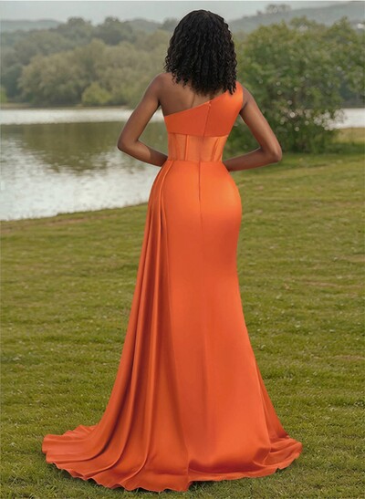 Trumpet/Mermaid One-Shoulder Silk Like Satin Bridesmaid Dresses With High Split