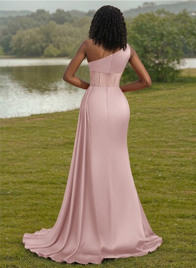 Trumpet/Mermaid One-Shoulder Silk Like Satin Bridesmaid Dresses With High Split