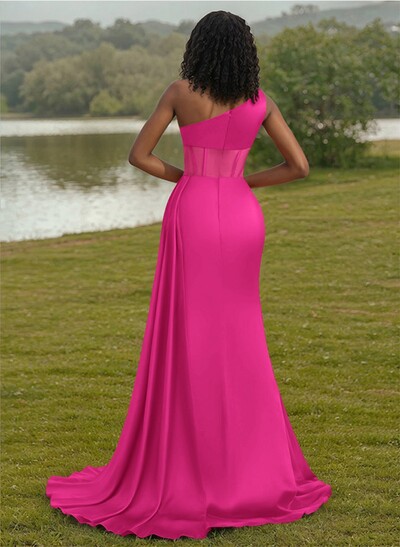Trumpet/Mermaid One-Shoulder Silk Like Satin Bridesmaid Dresses With High Split