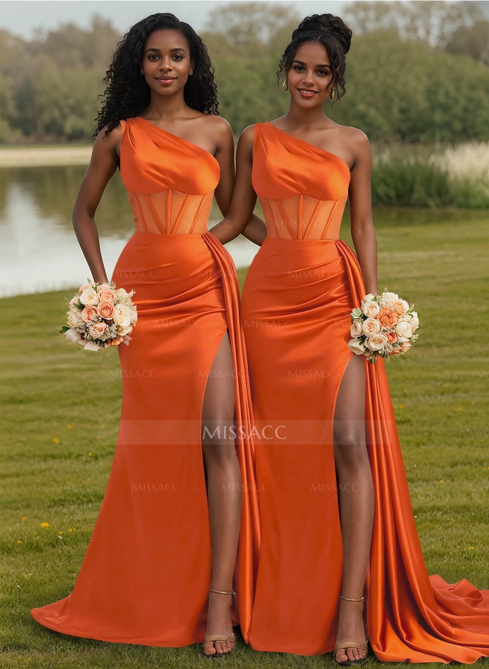 Trumpet/Mermaid One-Shoulder Silk Like Satin Bridesmaid Dresses With High Split