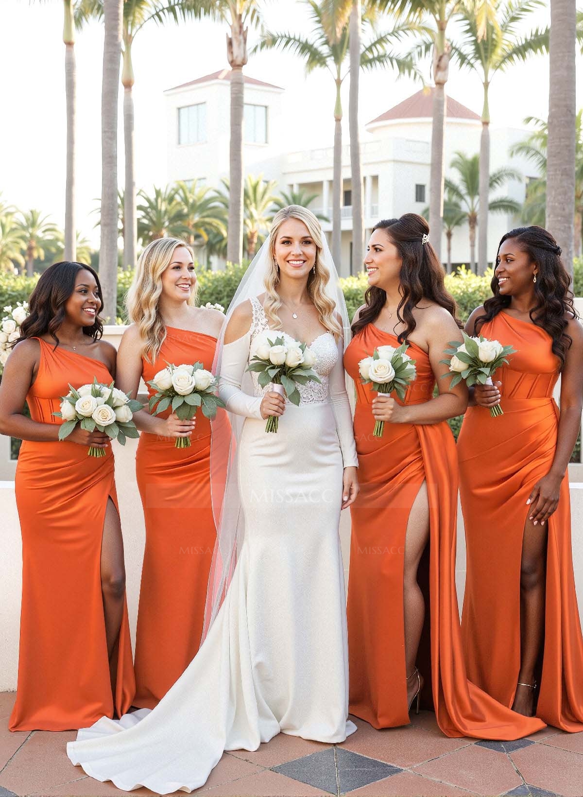 Trumpet/Mermaid One-Shoulder Silk Like Satin Bridesmaid Dresses With High Split