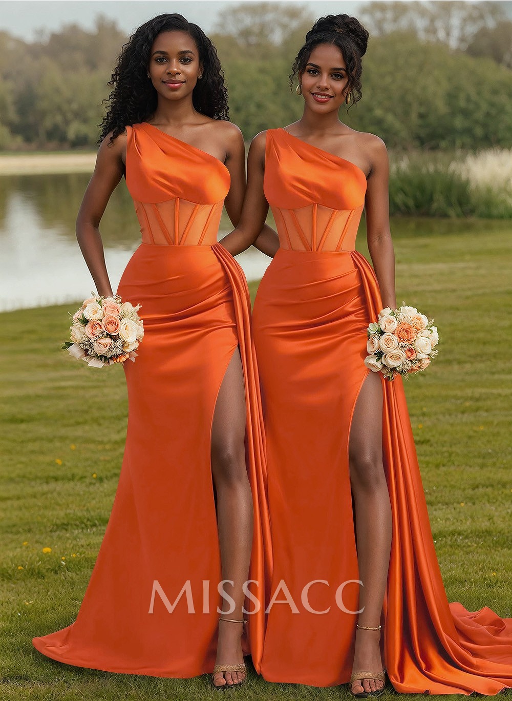 Trumpet/Mermaid One-Shoulder Silk Like Satin Bridesmaid Dresses With High Split