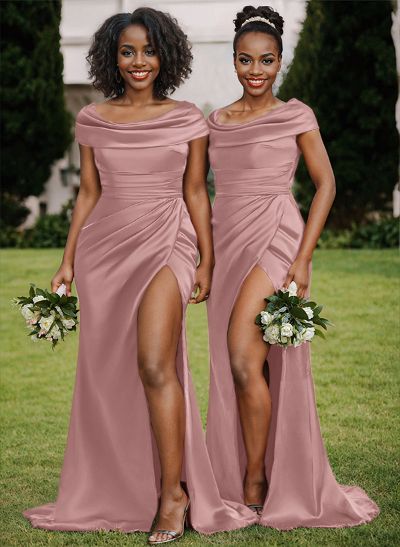 Trumpet/Mermaid Cowl Neck Sweep Train Charmeuse Bridesmaid Dresses With High Split