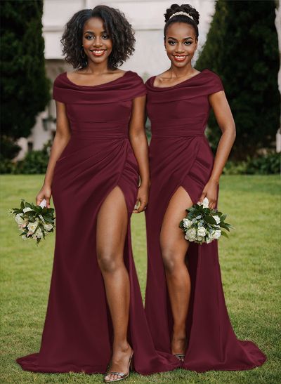 Trumpet/Mermaid Cowl Neck Sweep Train Charmeuse Bridesmaid Dresses With High Split