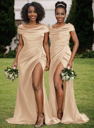 Trumpet/Mermaid Cowl Neck Sweep Train Charmeuse Bridesmaid Dresses With High Split