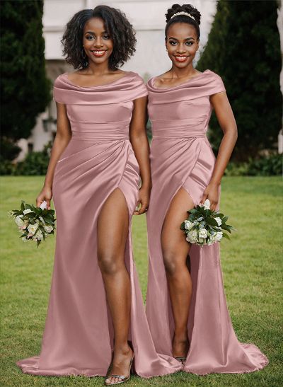 Trumpet/Mermaid Cowl Neck Sweep Train Charmeuse Bridesmaid Dresses With High Split