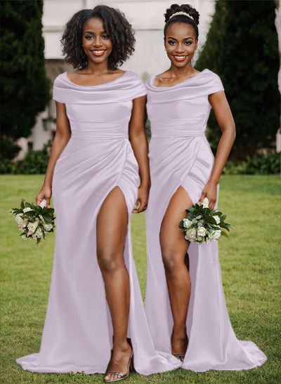 Trumpet/Mermaid Cowl Neck Sweep Train Charmeuse Bridesmaid Dresses With High Split