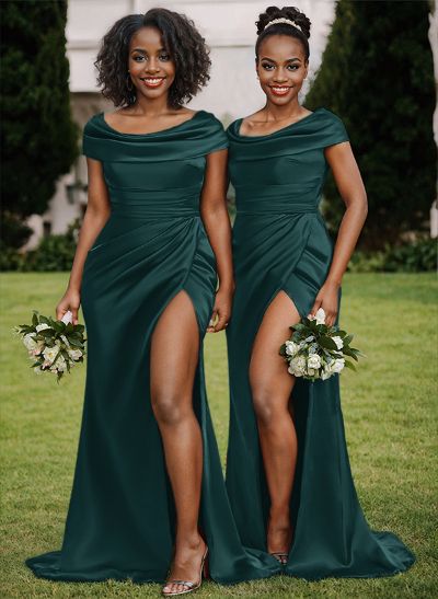 Trumpet/Mermaid Cowl Neck Sweep Train Charmeuse Bridesmaid Dresses With High Split