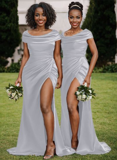 Trumpet/Mermaid Cowl Neck Sweep Train Charmeuse Bridesmaid Dresses With High Split