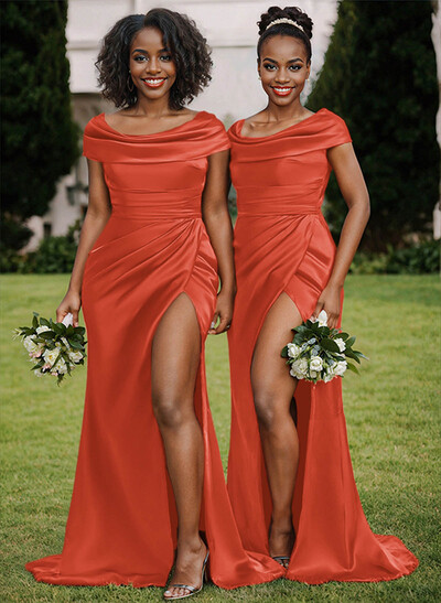 Trumpet/Mermaid Cowl Neck Sweep Train Charmeuse Bridesmaid Dresses With High Split