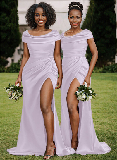 Trumpet/Mermaid Cowl Neck Sweep Train Charmeuse Bridesmaid Dresses With High Split