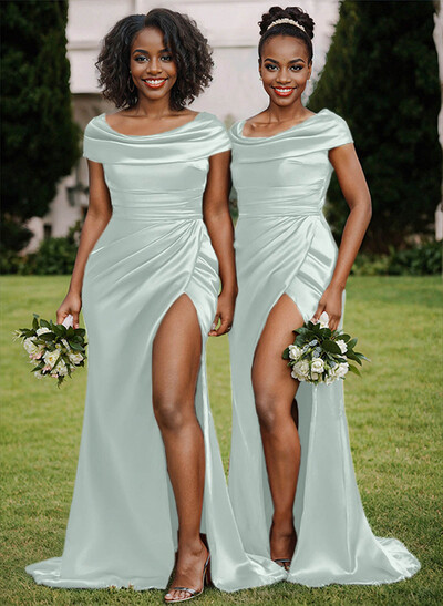 Trumpet/Mermaid Cowl Neck Sweep Train Charmeuse Bridesmaid Dresses With High Split