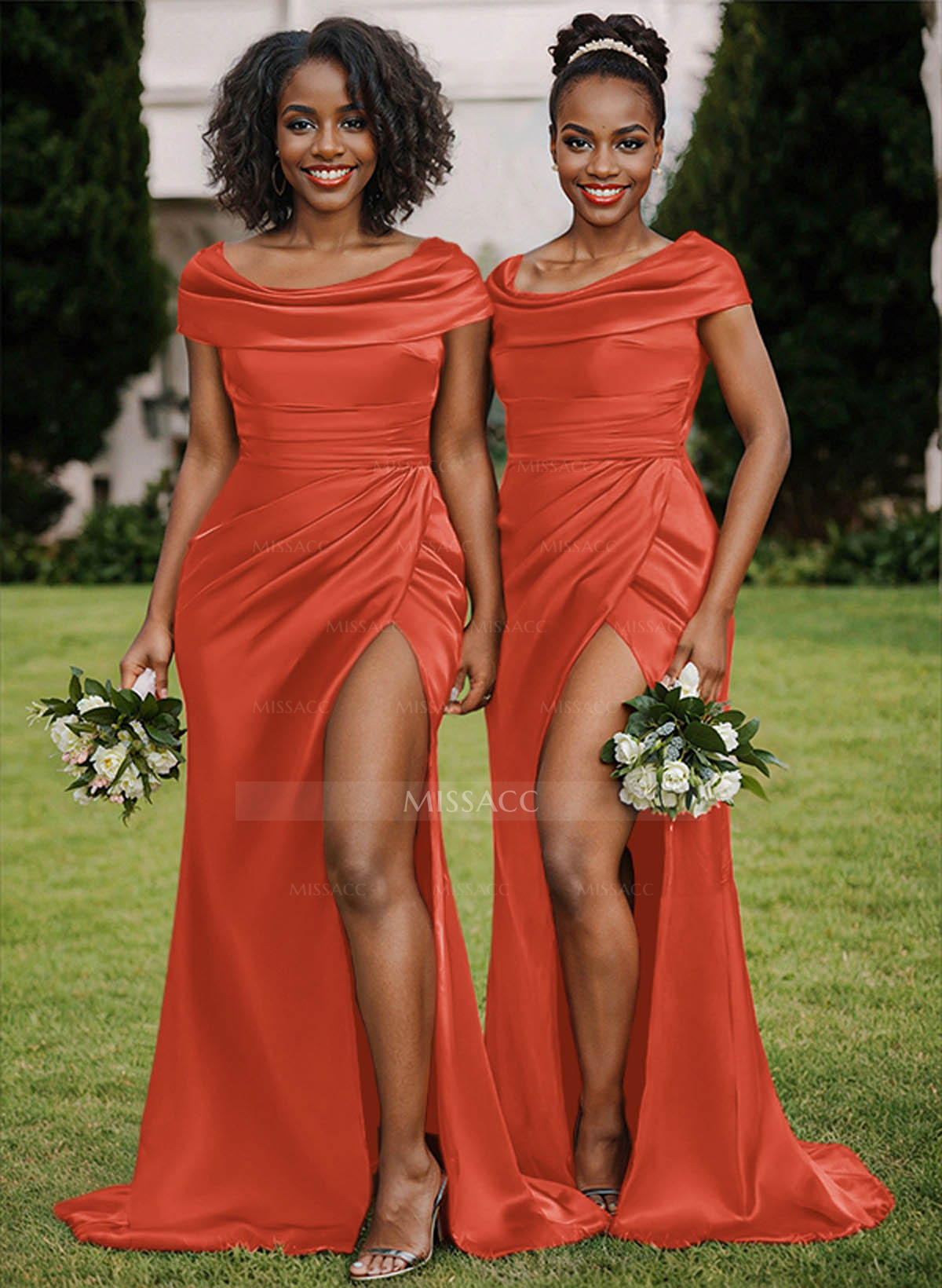 Trumpet/Mermaid Cowl Neck Sweep Train Charmeuse Bridesmaid Dresses With High Split