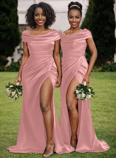Trumpet/Mermaid Cowl Neck Sweep Train Charmeuse Bridesmaid Dresses With High Split