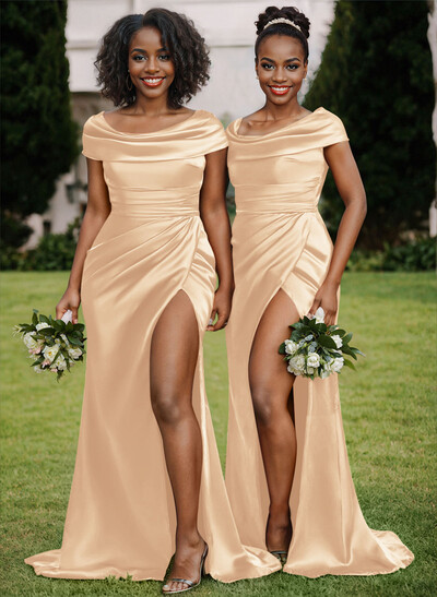 Trumpet/Mermaid Cowl Neck Sweep Train Charmeuse Bridesmaid Dresses With High Split