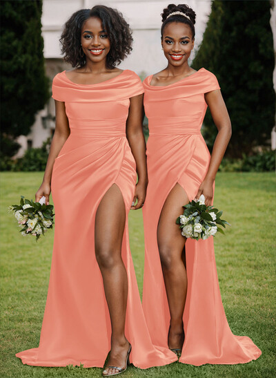 Trumpet/Mermaid Cowl Neck Sweep Train Charmeuse Bridesmaid Dresses With High Split