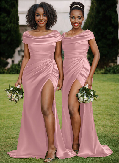 Trumpet/Mermaid Cowl Neck Sweep Train Charmeuse Bridesmaid Dresses With High Split