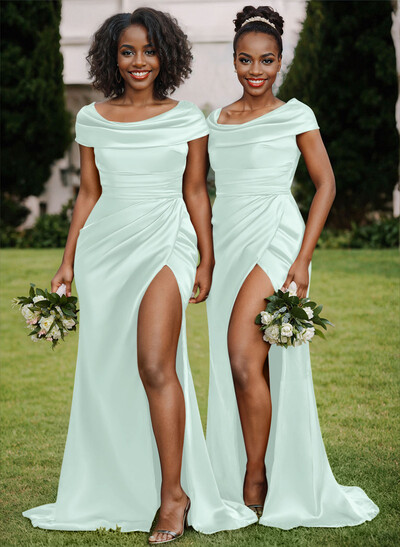 Trumpet/Mermaid Cowl Neck Sweep Train Charmeuse Bridesmaid Dresses With High Split