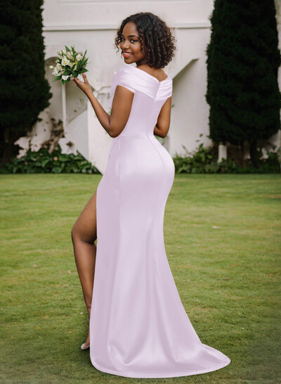 Trumpet/Mermaid Cowl Neck Sweep Train Charmeuse Bridesmaid Dresses With High Split