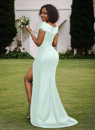 Trumpet/Mermaid Cowl Neck Sweep Train Charmeuse Bridesmaid Dresses With High Split