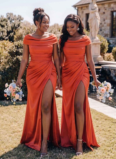 Trumpet/Mermaid Cowl Neck Sweep Train Charmeuse Bridesmaid Dresses With High Split