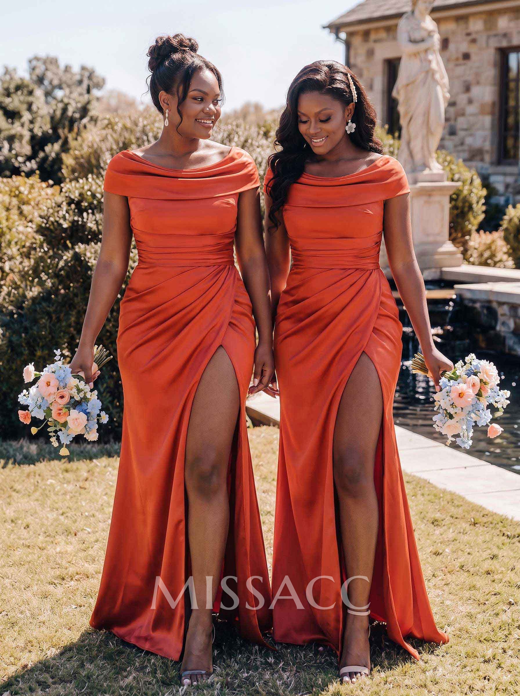 Trumpet/Mermaid Cowl Neck Sweep Train Charmeuse Bridesmaid Dresses With High Split