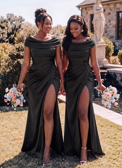 Trumpet/Mermaid Cowl Neck Sweep Train Charmeuse Bridesmaid Dresses With High Split