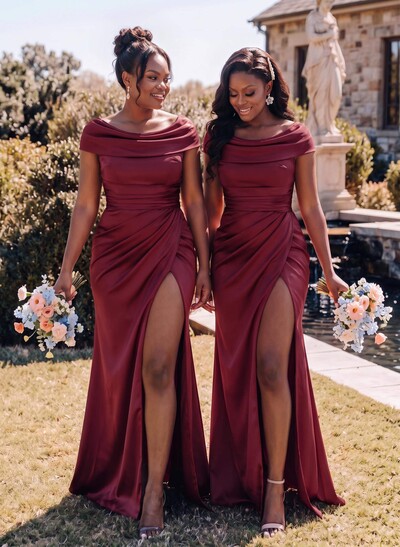 Trumpet/Mermaid Cowl Neck Sweep Train Charmeuse Bridesmaid Dresses With High Split