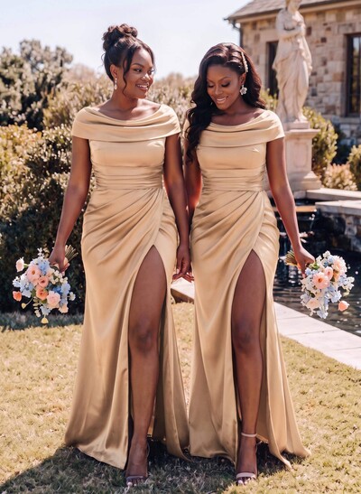 Trumpet/Mermaid Cowl Neck Sweep Train Charmeuse Bridesmaid Dresses With High Split