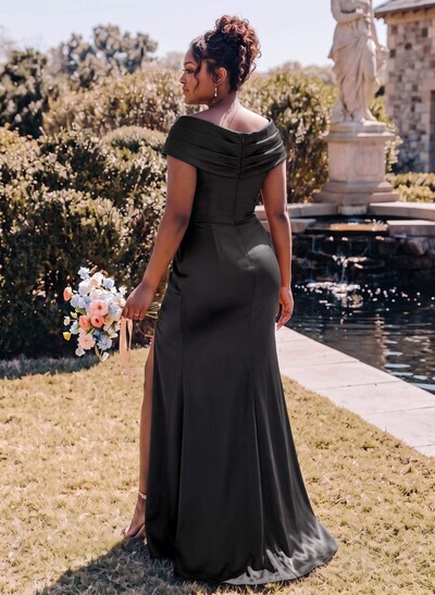 Trumpet/Mermaid Cowl Neck Sweep Train Charmeuse Bridesmaid Dresses With High Split