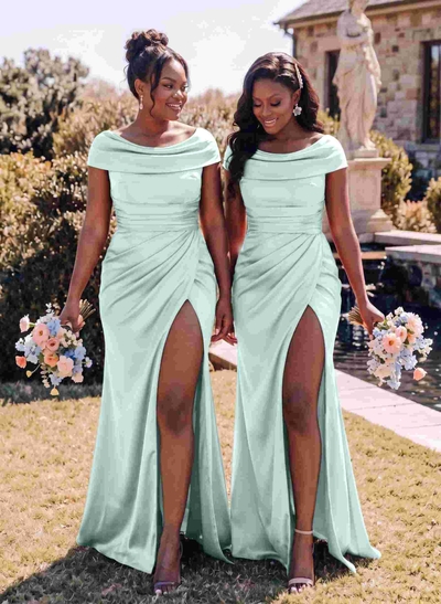 Trumpet/Mermaid Cowl Neck Sweep Train Charmeuse Bridesmaid Dresses With High Split