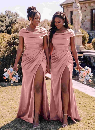Trumpet/Mermaid Cowl Neck Sweep Train Charmeuse Bridesmaid Dresses With High Split