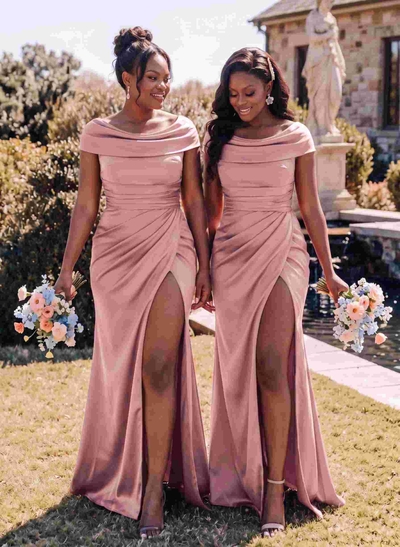 Trumpet/Mermaid Cowl Neck Sweep Train Charmeuse Bridesmaid Dresses With High Split