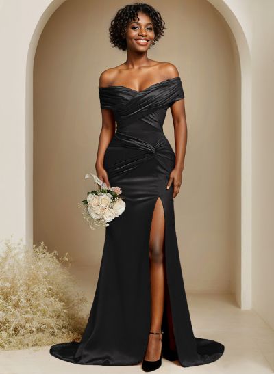 Trumpet/Mermaid Off-The-Shoulder Sweep Train Silk Like Satin Bridesmaid Dresses With High Split