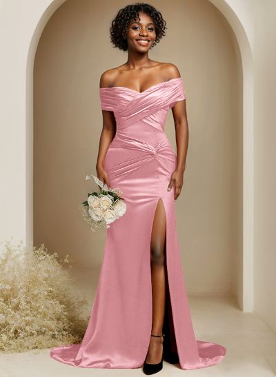 Trumpet/Mermaid Off-The-Shoulder Sweep Train Silk Like Satin Bridesmaid Dresses With High Split