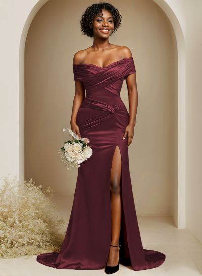 Trumpet/Mermaid Off-The-Shoulder Sweep Train Silk Like Satin Bridesmaid Dresses With High Split