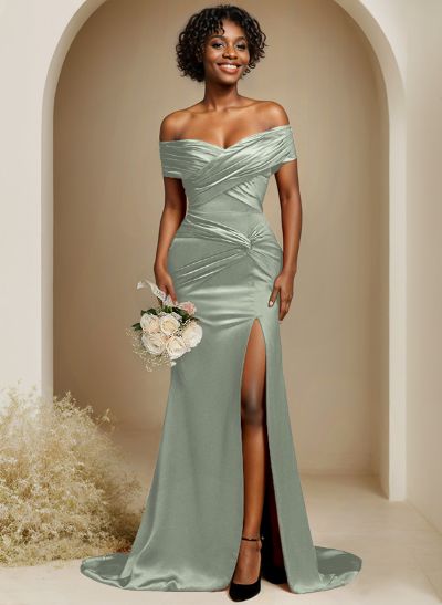 Trumpet/Mermaid Off-The-Shoulder Sweep Train Silk Like Satin Bridesmaid Dresses With High Split