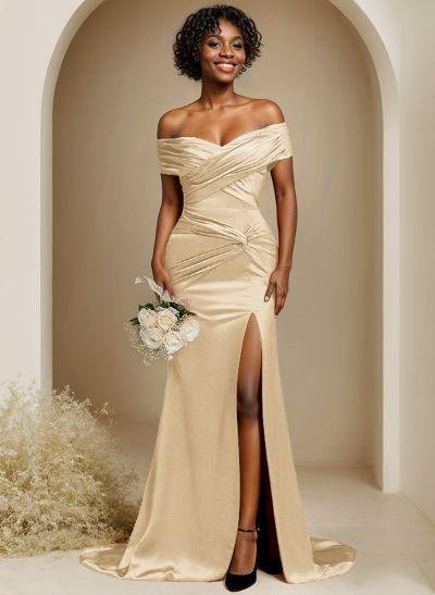 Trumpet/Mermaid Off-The-Shoulder Sweep Train Silk Like Satin Bridesmaid Dresses With High Split