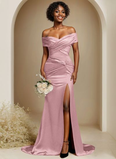 Trumpet/Mermaid Off-The-Shoulder Sweep Train Silk Like Satin Bridesmaid Dresses With High Split