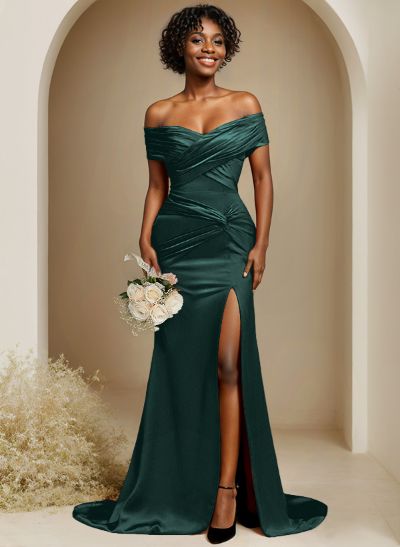 Trumpet/Mermaid Off-The-Shoulder Sweep Train Silk Like Satin Bridesmaid Dresses With High Split