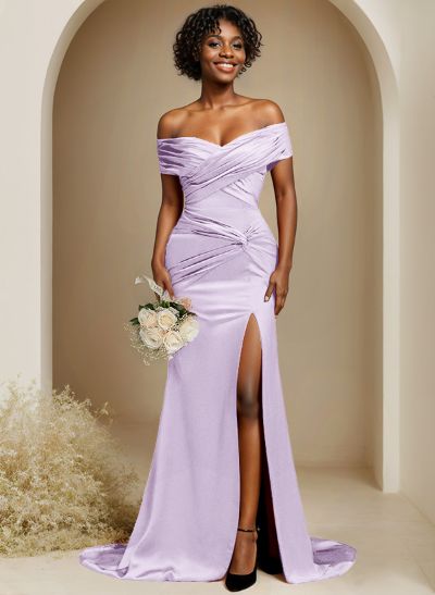 Trumpet/Mermaid Off-The-Shoulder Sweep Train Silk Like Satin Bridesmaid Dresses With High Split