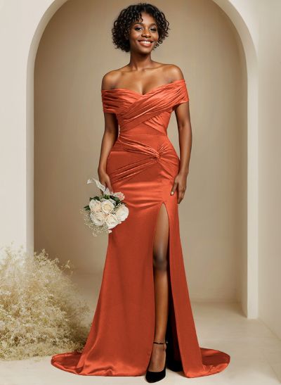 Trumpet/Mermaid Off-The-Shoulder Sweep Train Silk Like Satin Bridesmaid Dresses With High Split