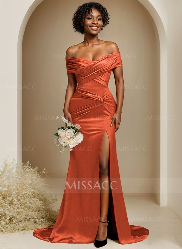 Trumpet/Mermaid Off-The-Shoulder Sweep Train Silk Like Satin Bridesmaid Dresses With High Split