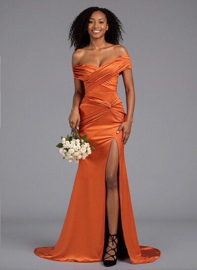 Trumpet/Mermaid Off-The-Shoulder Sweep Train Silk Like Satin Bridesmaid Dresses With High Split