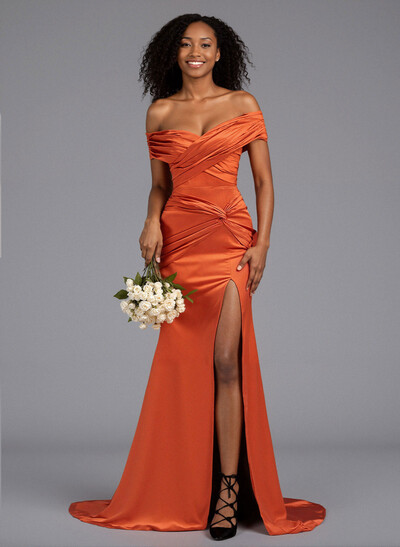 Trumpet/Mermaid Off-The-Shoulder Sweep Train Silk Like Satin Bridesmaid Dresses With High Split