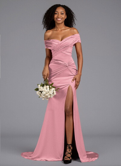 Trumpet/Mermaid Off-The-Shoulder Sweep Train Silk Like Satin Bridesmaid Dresses With High Split